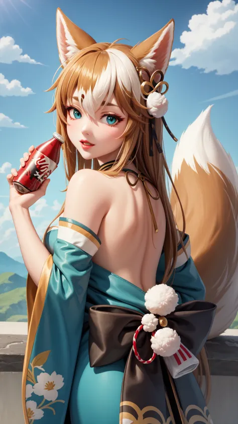 masterpiece, best quality, high quality, upper body,  outdoor, looking at the spectator, 1 girl, hina-fi , bicolor hair,  Japanese clothing, Green Kimono, cola, bare shoulders,cola, with cola,wide hips,beautiful,beautifuls piernas,SEDUCTIVE FACE,seductive ...