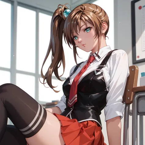 (masterpiece,best quality,high resolution,ultra detailed),KurumiImari,1girl,brown hair,Side ponytail,hair ornament,aqua eyes,school uniform,white shirt,strap,vest,red tie, red skirt, black thighhighs,