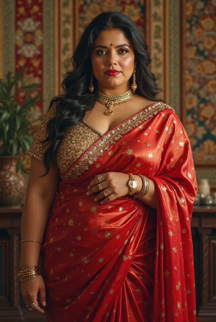 , Very beautiful   50 year old plus size tall and big giant indian women, looking like indian actress hansika motwani    and big ass i revealing red Latex saree with golden latex blouse