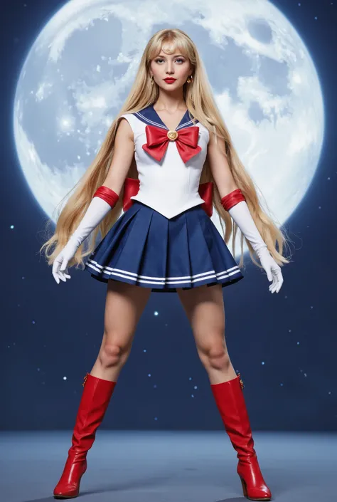 Create an image of a beautiful 20-year-old girl with fair skin and long straight blonde hair styled in twin tails. She is wearing a Sailor Moon costume and striking a pose while standing. The background features a large, full moon that fills the entire scr...