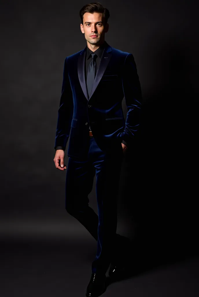 Men Black-Tie Event: Midnight blue velvet tuxedo + black dress shirt + patent shoes