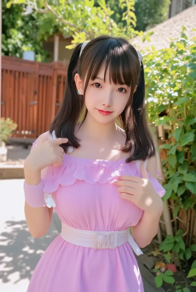 (round face babyface: 1.5), (primary school girl: 1.6), (little  girl: 1.5), (full body photograph: 1.4), (facing front straight towards camera: 1.5), (low twintails: 1.3), (smile: 1.3), (enormous clothed breasts: 1.4), (extremely long hair: 1.4),  (spaghe...