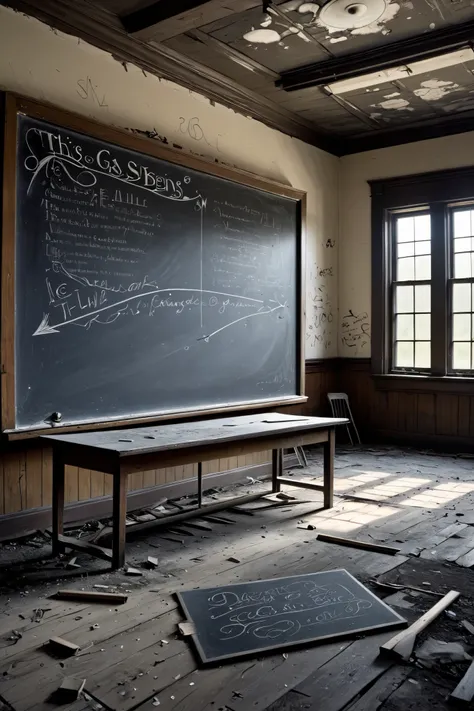 It is the middle of the night, a gray miasma, in an empty, abandoned science classroom in an abandoned school in rural 19th century America. A downward arrow is drawn on a tilted blackboard, and the following words are scrawled in punched-out letters: “Thi...