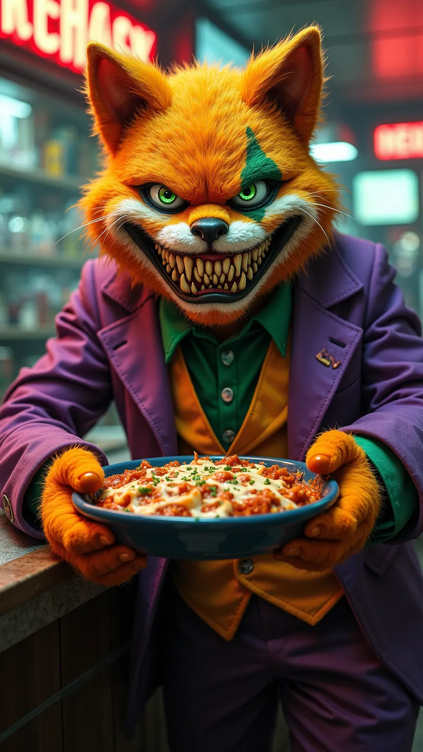 A nightmarish fusion of Joker and Garfield leans against the diner counter, its grotesque orange fur matted with streaks of smeared clown paint.
Its wide, maniacal grin stretches ear to ear, black lips curled back to reveal rows of sharp, yellowed teeth.
I...