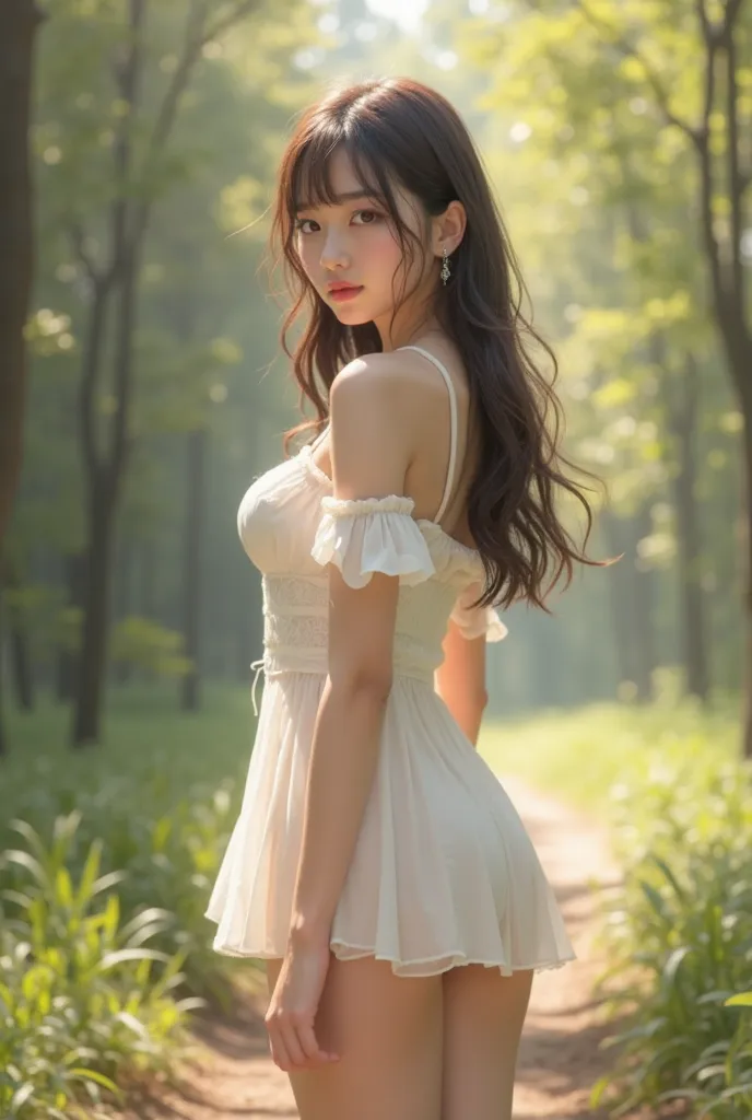 Photorealistic，Ultra high definition，single cabin，the best quality，8K， RAW photos，super detailed，ultra high resolution，(incredibly cute real JAPANESE girl)，full body，1 person ，looking forward，Early morning in the forest ，Bright sunlight comes in，illuminate...