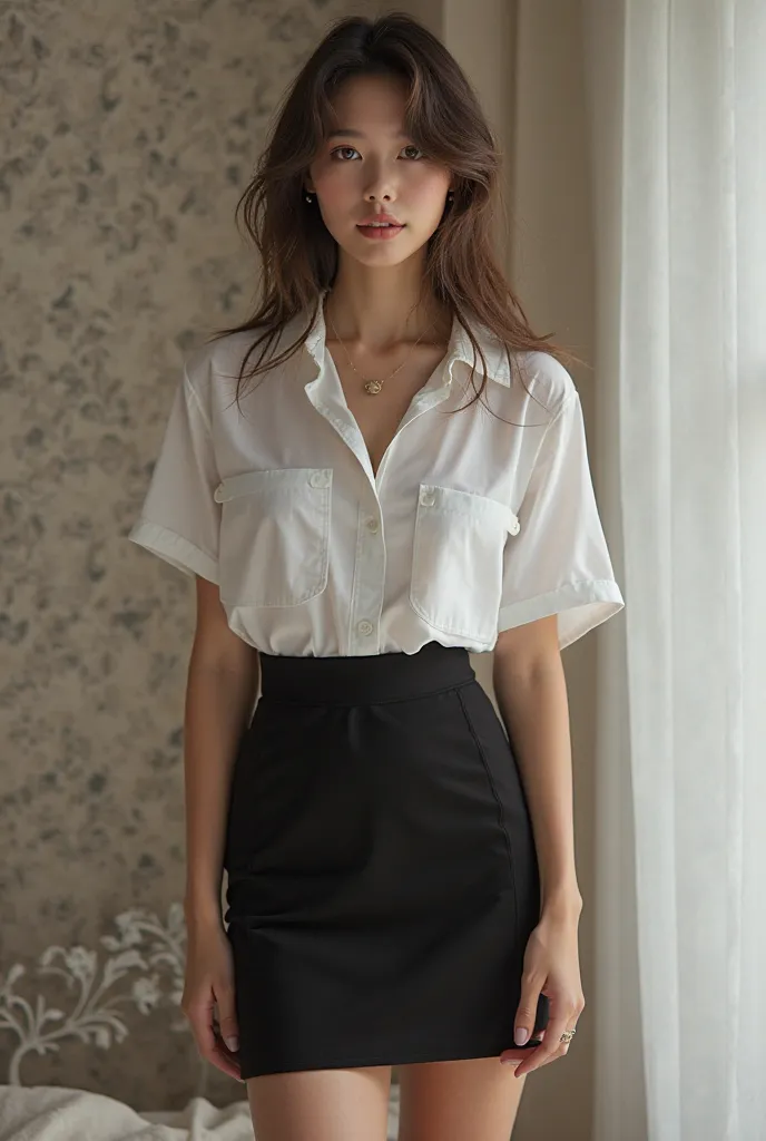 masterpiece, best quality, very aesthetic, absurdres, safe, masterpiece, (from below:1.5),down to up, 18 year old girl small, (panty:1.2), short sleeves, pencil skirt, black skirt, white shirt, nisit, see-through,under skirt:1.8