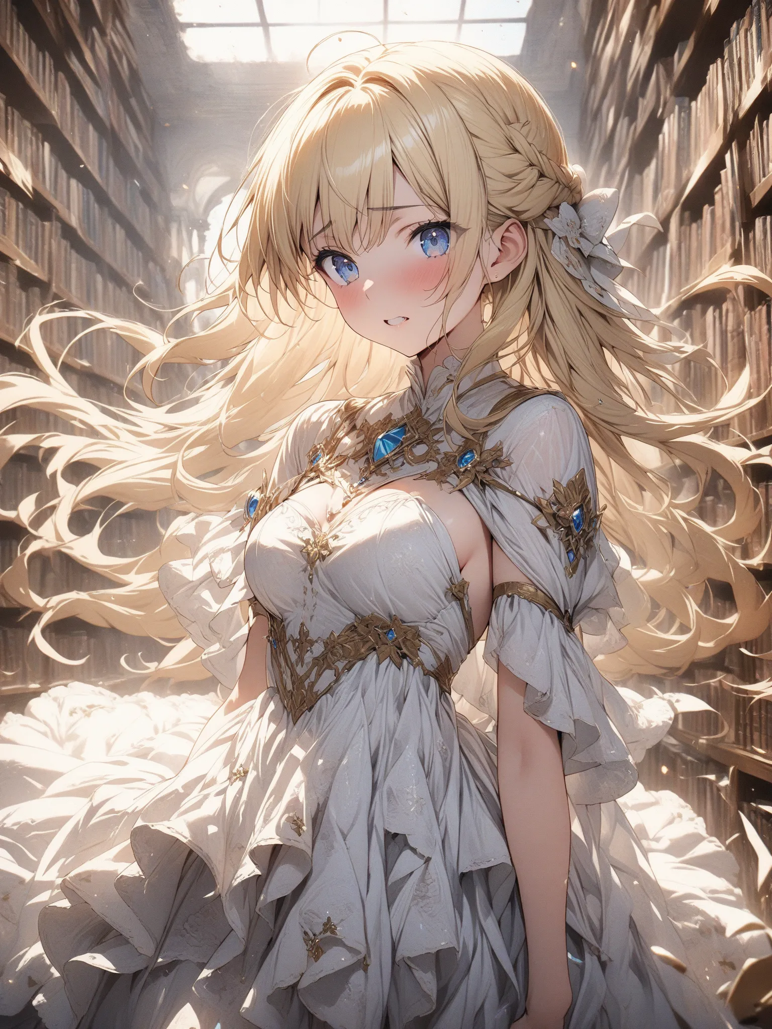 (masterpiece, detailed:1.2), One Girl, Princess, (18-years old), blonde half updo, Medium Breasts, sky blue eyes, BREAK, Highest quality, in Library