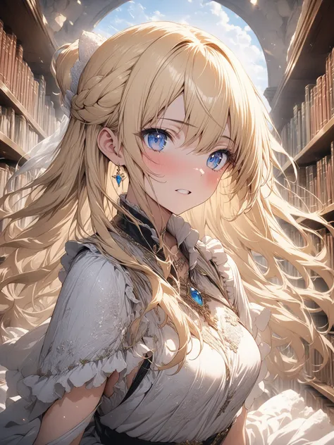 (masterpiece, detailed:1.2), One Girl, Princess, (18-years old), blonde half updo, Medium Breasts, sky blue eyes, BREAK, Highest quality, in Library