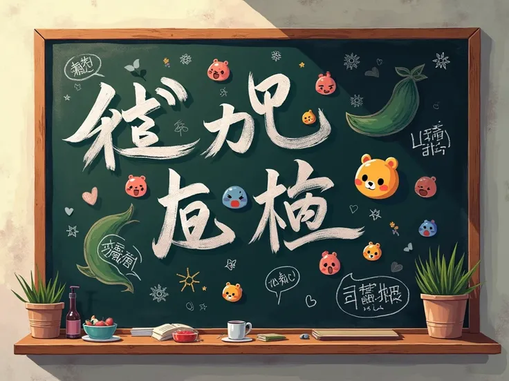 90s anime style blackboard with japanese scribbles and ascii emojis ʕ·͡ᴥ·ʔ﻿