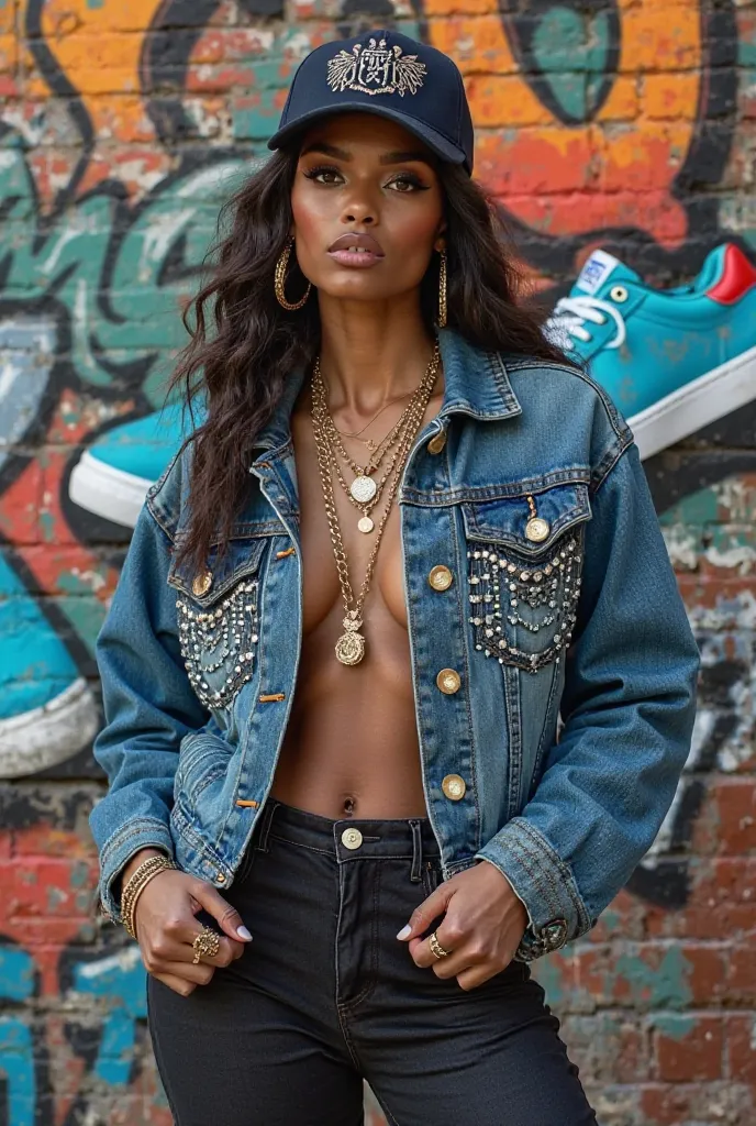 A stylish woman in a rhinestone-studded denim jacket and cap, accessorized with gold jewelry, standing confidently. Vibrant graffiti-style background featuring sneakers and abstract art. Urban, bold, and dynamic vibe with detailed textures.