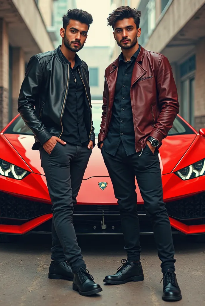 Two handsome boys, both over 18 years old, are standing together in front of a Lamborghini car, one boy's name is Zohaib and the other's name is Saim, both boys are wearing pants and shirts. 