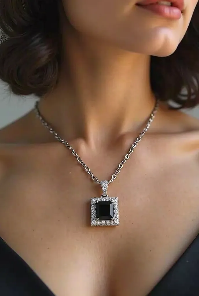 Chainlike necklace with 1 chainlike necklace with black diamond and around white diamond  square on a woman's neck