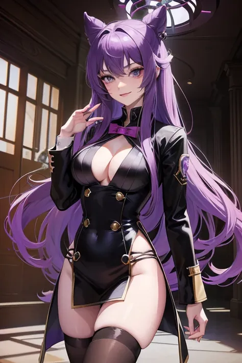 Anime style. Anime Girl with purple long hair and sharp blue eyes. She wear revealing and sexy black magic academy uniform. She have evil smile and face. She has 'E' cup breast. there a black magic aura around her. Background in hallways magic academy