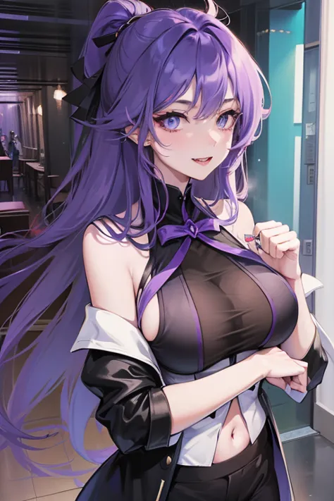 Anime style. Anime Girl with purple long hair and sharp blue eyes. She wear revealing and sexy black magic academy uniform. She have evil smile and face. She has 'E' cup breast. there a black magic aura around her. Background in hallways magic academy