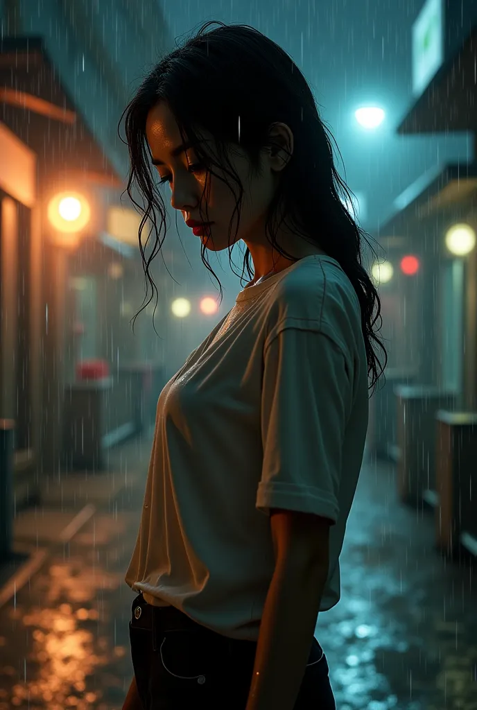  Asian girl, in the rain, nipples visible through wet shirt