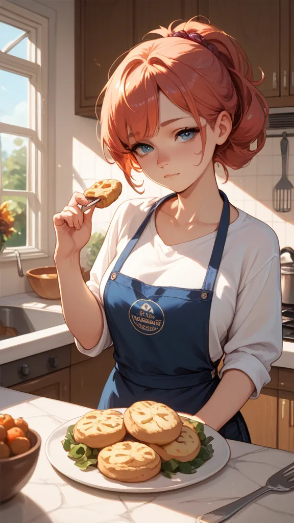 Sexy anime girl cute cooks food in the kitchen for cute tired very much