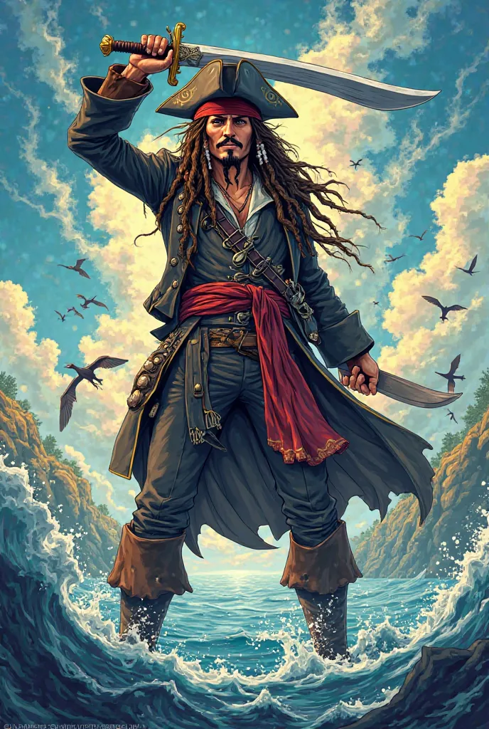 Jack Sparrow in a bounty poster, anime style, holding a sword, big name KAPITAN JACK - TIRA logo on poster,with bounty money, landscape picture