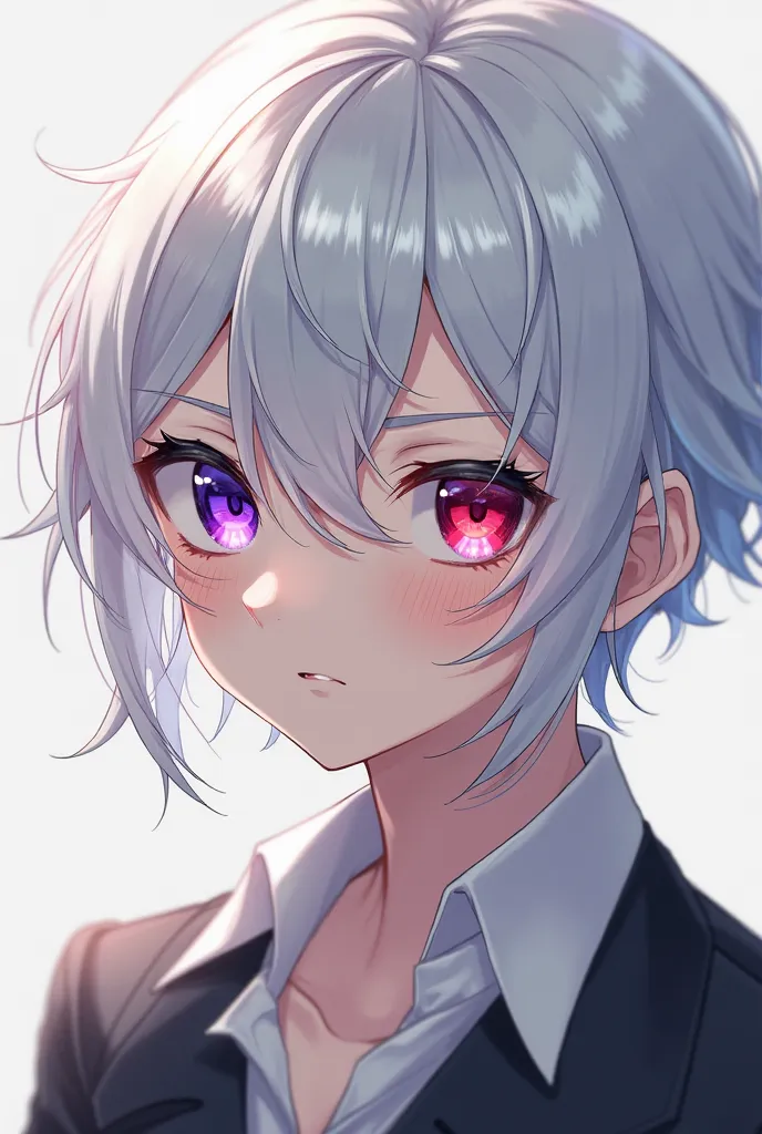 Anime boy, white hair, purple right eye with red left eye