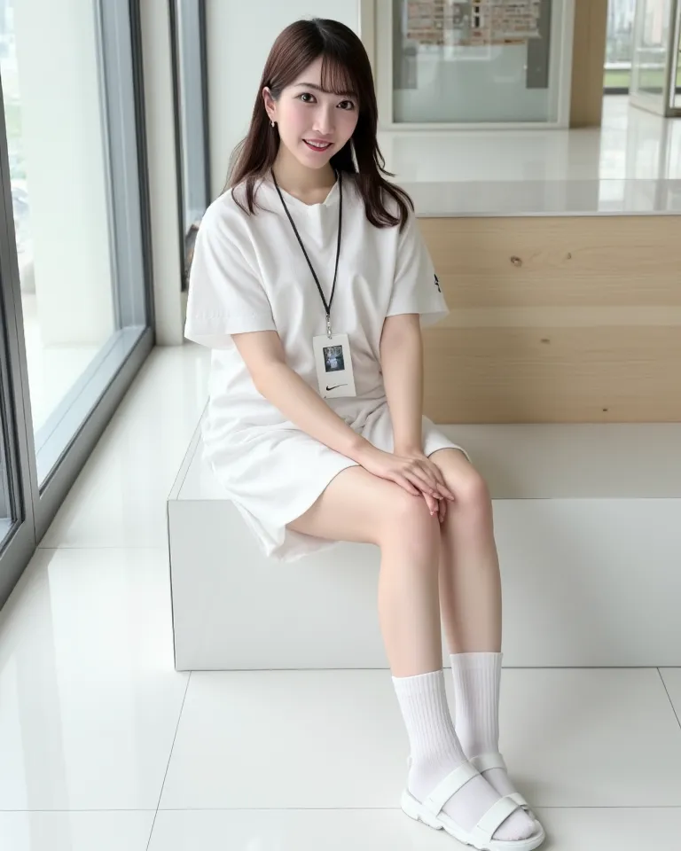 (    photorealism   :1.2)、 full body portrait 、Smell the rich white high school student socks 。  beautiful日本人モデル、39;  thick legs、  woman  、39;    nurse's white uniform     、   Rich white socks with NIKE logo、I'm wearing a security card around my neck　white...