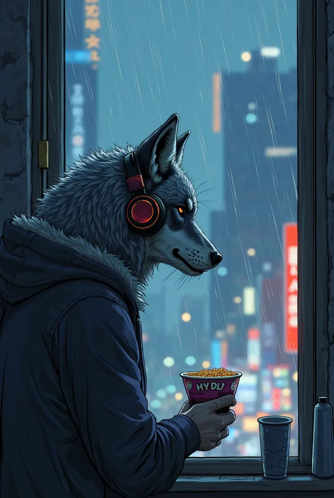 Mobile Wallpaper， comic style，Grey wolf ，Wearing headphones，Eating instant noodles，Looking out of the floor-to-ceiling window, it was raining heavily at night when it was foggy at night，Neon lights loom on the high buildings of the street