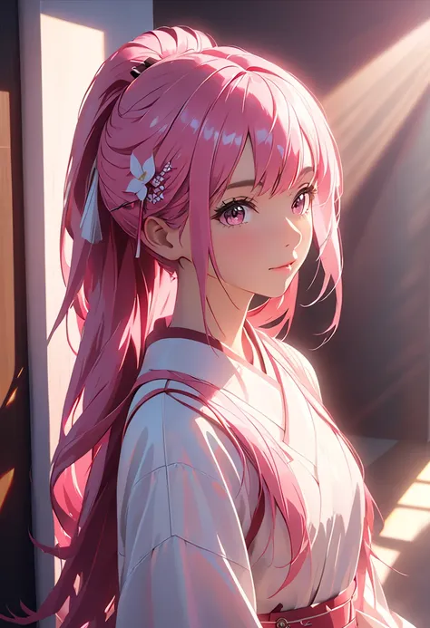 pink hair near MM,long hair,Single Side Hair Pin、Brush、Modern Cinematic Lighting,ray tracing,Drop Shadow Wide Shot UHD,textured skin,advanced details,Highest quality 4K