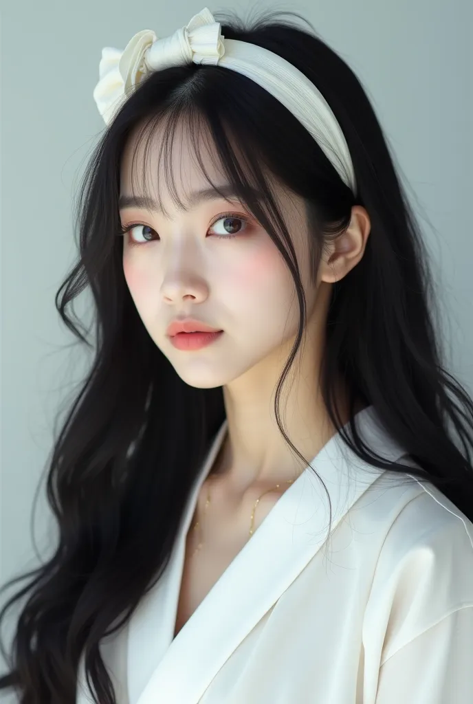 A K-pop female idol with slightly fox eyes, with a slim aegyo sal, with a double eyelid, with high nose bridge and a short philtrum, with cupid lips and has long black hair, with straight eyebrows, has a mole under her eye, wearing a white outfit and has a...