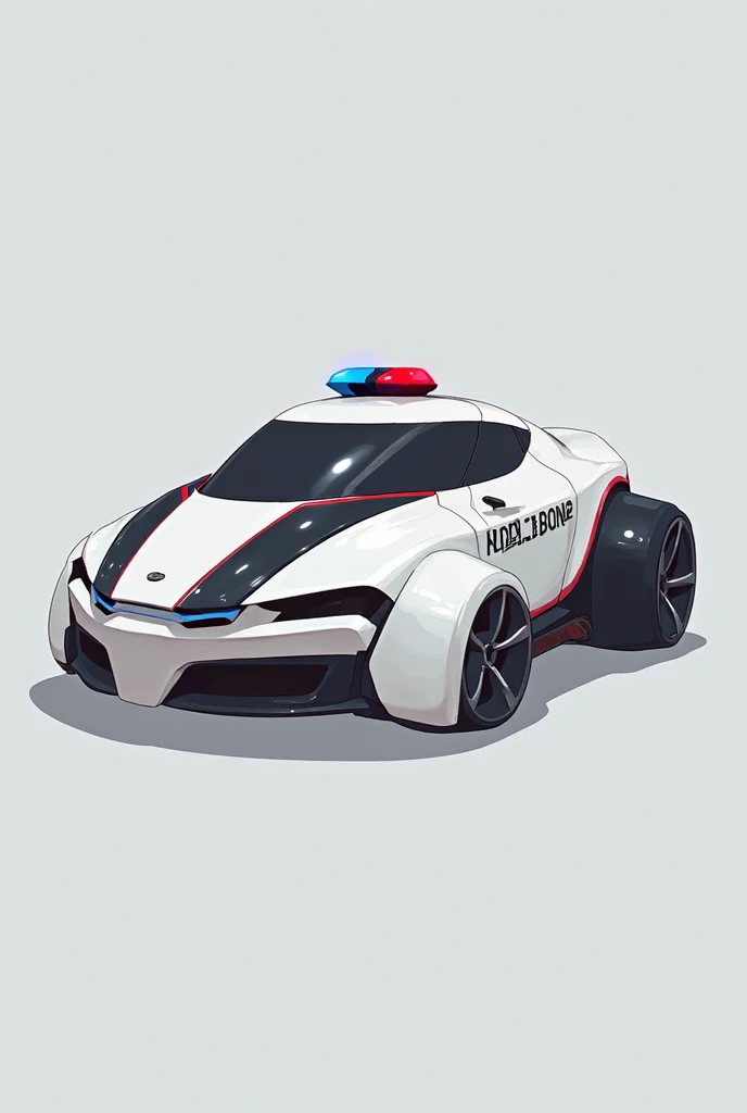 Image is a digital illustration of a futuristic police car, showcasing a sleek and aerodynamic design. The vehicle features a streamlined body with a predominantly white and black color scheme. The front of the car is low and wide, with a prominent grille ...