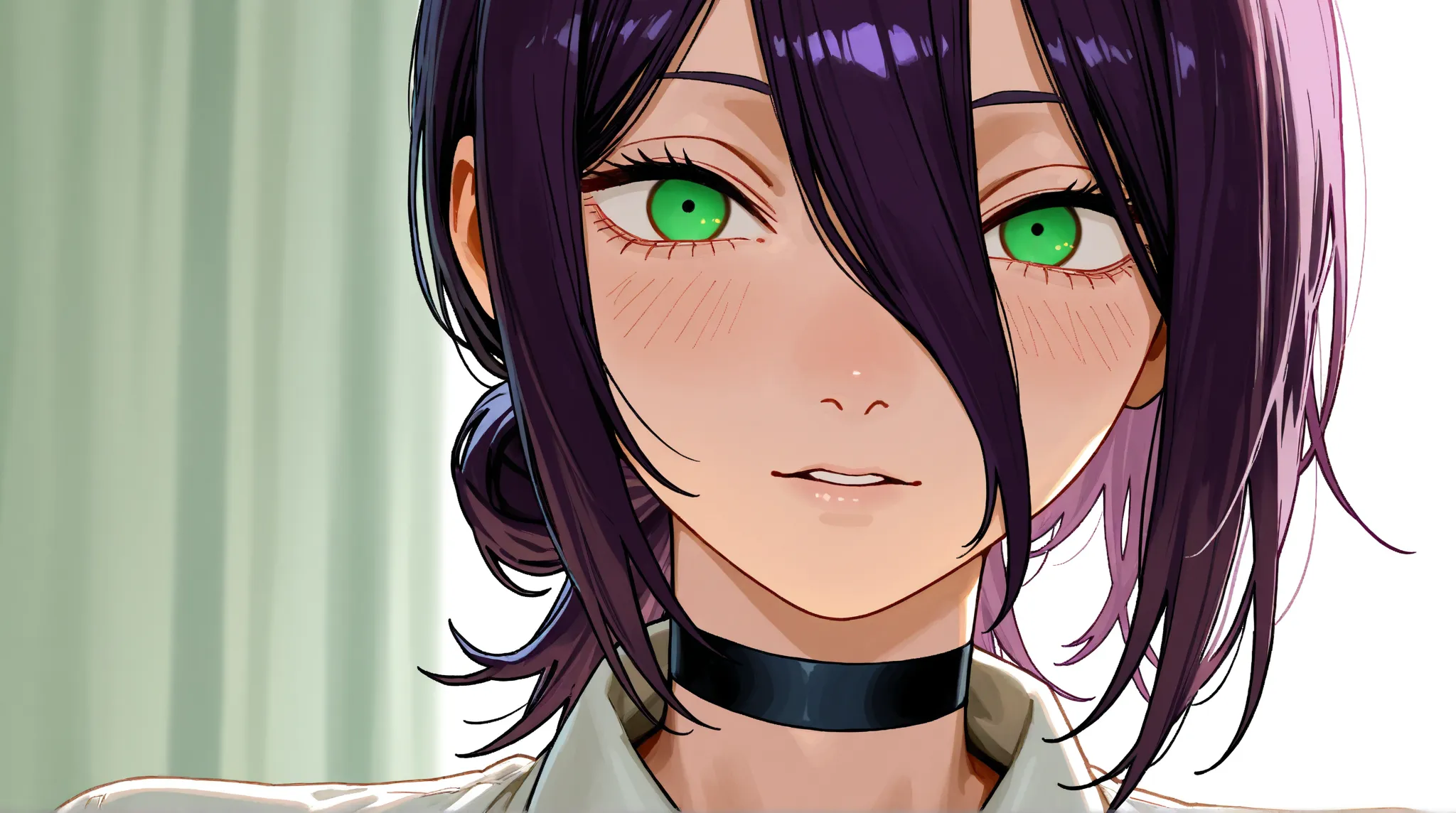 reze( Chainsaw Man), black choker, purple hair, choker, eyebrows hidden by hair, green eyes, hair between eyes, long bangs, medium hair,
