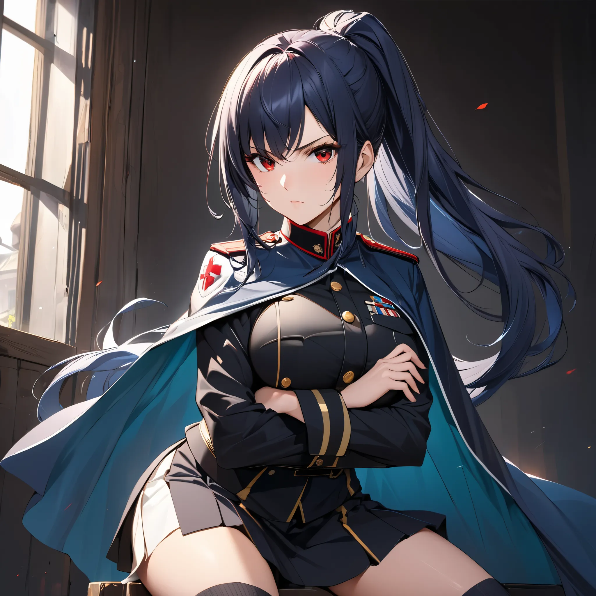 High resolution, high quality, HD, beautiful female, 1 female, beautiful, ager, beautiful girl, mature, young, serious, dark blue hair, long hair, ponytail, red eyes, big breasts, black military uniform with cape and skirt, knee high socks, cross arms