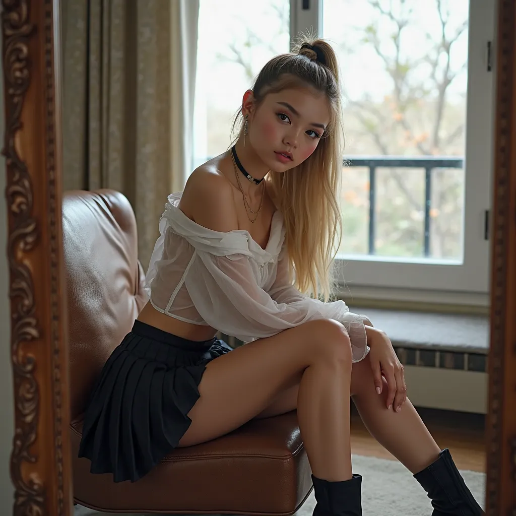 solo, 1 girl, selfie, mirror selfie, Accuracy, Realistic anatomy, Award-winning, textured leather, look like Young Ariana Grande, very long hair, Blonde hair, Ponytail , verry young face, Big emphasis on legs with a ultra short pleated black micro skirt, t...