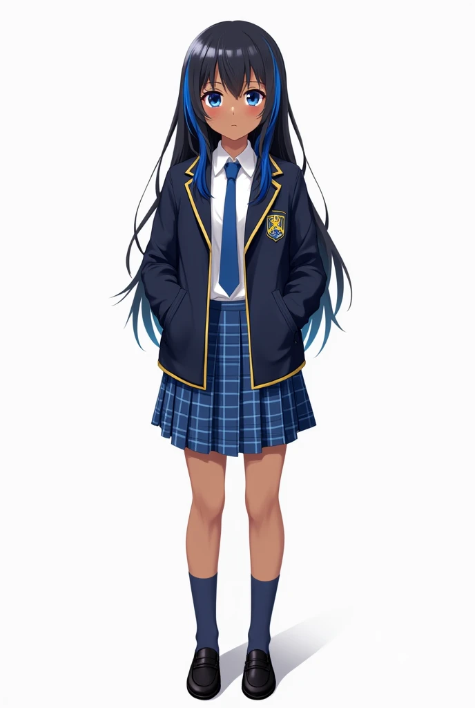 anime young adult African American female, long black hair with blue highlights, blue eyes, dark blue high school jacket with gold edges, white shirt, blue plaid tie, blue plaid skirt, dark blue socks, black loafers