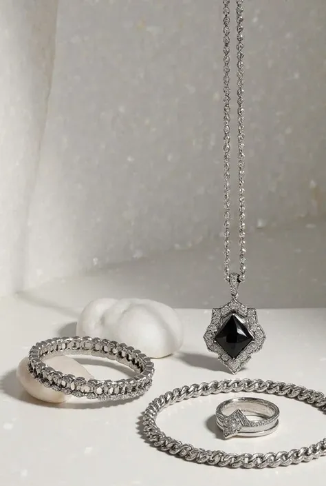 Ring , Chainlike bracelt with 1 chainlike necklace with black diamond and around white diamond  square