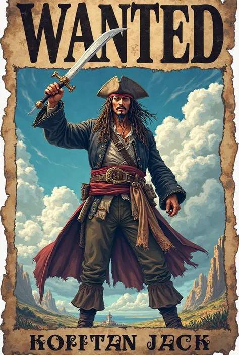 Jack Sparrow in a onepiece wanted bounty poster, anime style, holding a sword, big name KAPITAN JACK - TIRA logo on poster,with bounty of billion money, landscape picture