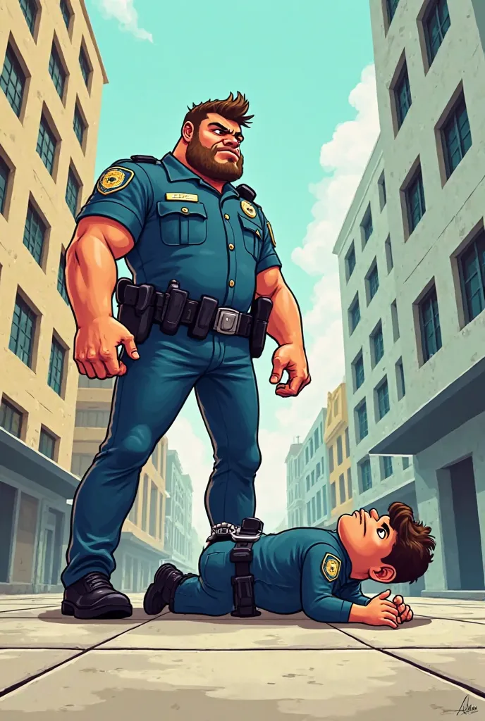 Generate a cartoon of a cop arresting another cop. The arrested cop stands on his back, with her hands behind , while the other cop puts handcuffs on him