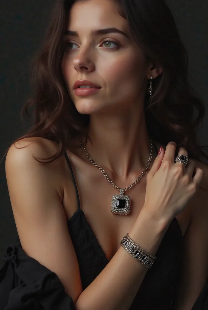 Ring , Chainlike bracelt with 1 chainlike necklace with black diamond and around white diamond  square  On a woman