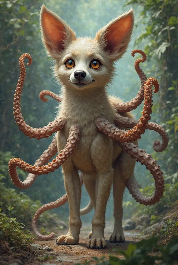 Make a creature that is the combination of a dog, an octopus and a lamur