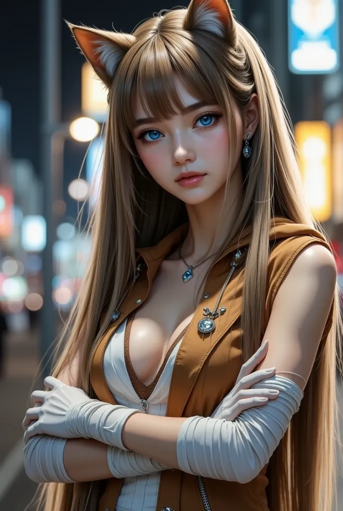 Brown tiger pattern cat girl 、Japanese、21 years old、woman、 beauty、Narrow eyes、 long hair with light brown on the right side and gray hair on the left side 、Big Breasts、 wears a brown and white sleeveless tuxedo 、 wears a hooded hoodie with brown stripes on...