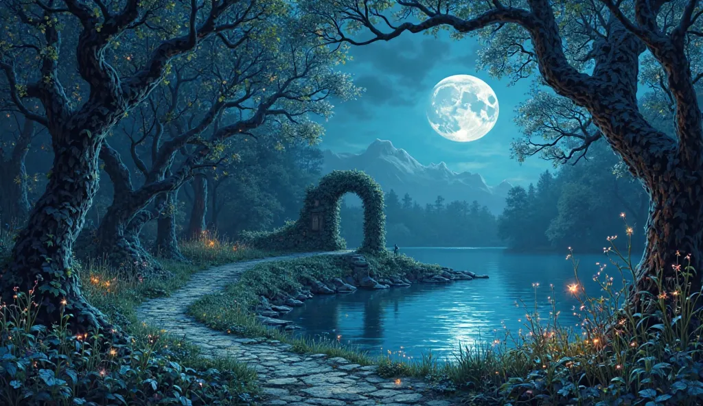 "An enchanted forest at twilight, where bioluminescent plants glow softly in shades of blue and green, illuminating a winding path that leads to a crystal-clear lake. In the sky above, a full moon hangs low, casting a silver glow over the trees, which have...