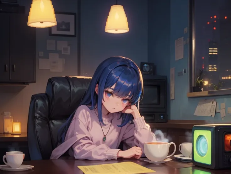 A cozy, pixel art anime-style scene featuring a young character sitting by the window at night, gazing at the city lights. The room is warmly lit with soft neon reflections, a small cat curled up nearby, and a steaming cup of tea on the desk. A retro compu...