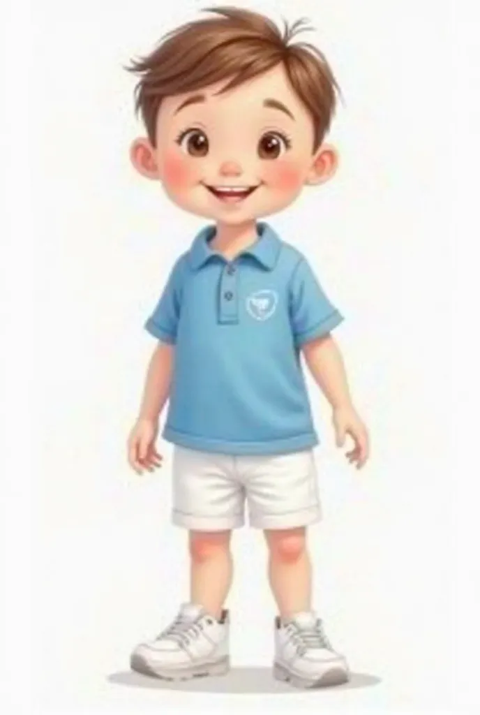 Create digital art illustration baby boy, 1 again, white skin, smiling, with very short brown hair, light brown eyes, with blue polo shirt and white shorts,  white sneakers, On the transparent full-body background, body in straight forward position