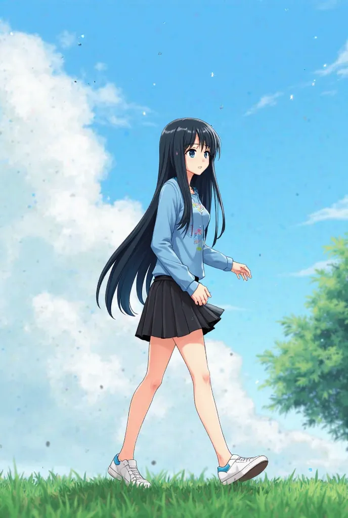 masterpiece, best quality, 1girl, solo, long hair, skirt, outdoors, cloud, black hair, blue eyes, shirt, long sleeves, shoes, sky, tree, black skirt, full body, blue sky, bangs, blush, blue shirt, sneakers, standing, grass, white footwear, cloudy sky, day,...