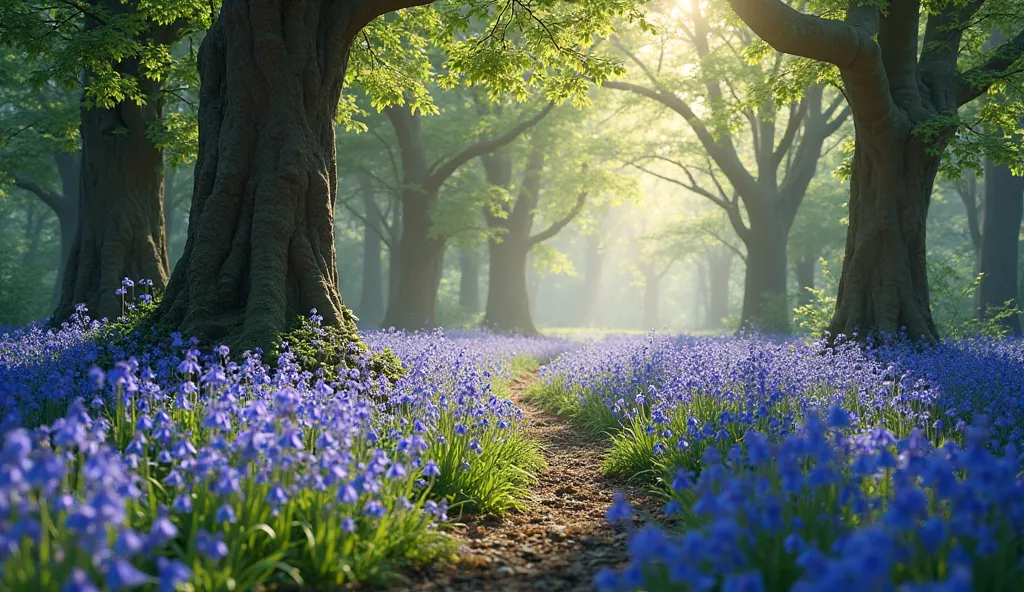 Hyper realistic photo, A magical forest floor covered in bluebells, with sunlight filtering through the trees.