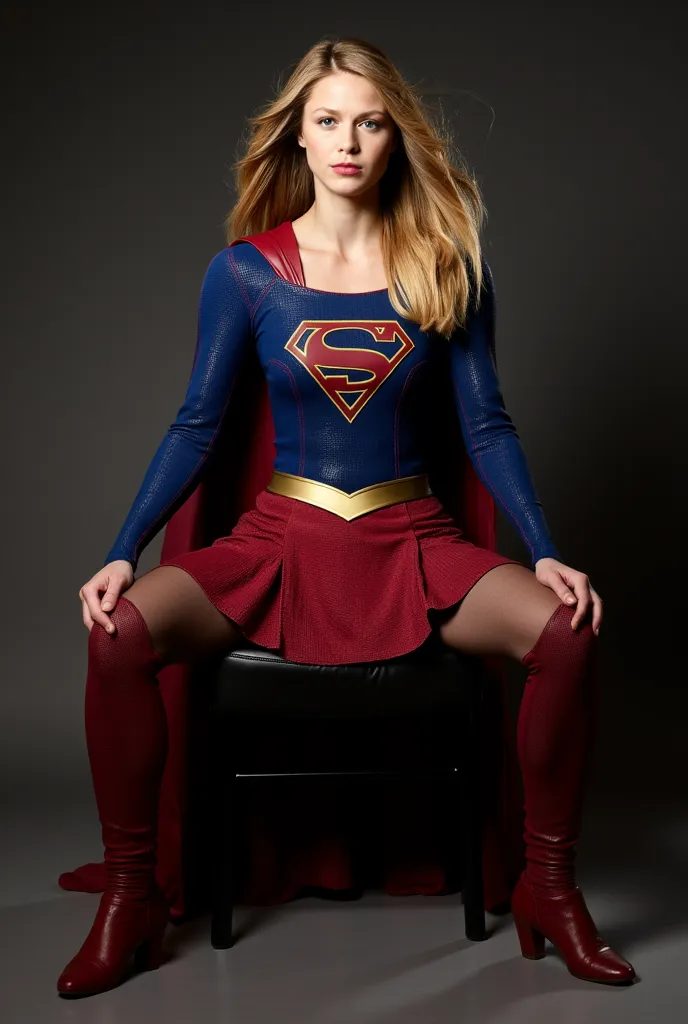 A photo of Melissa Benoist as Supergirl sitting on a chair, posing, legs spread wide on the ground, sitting frontally