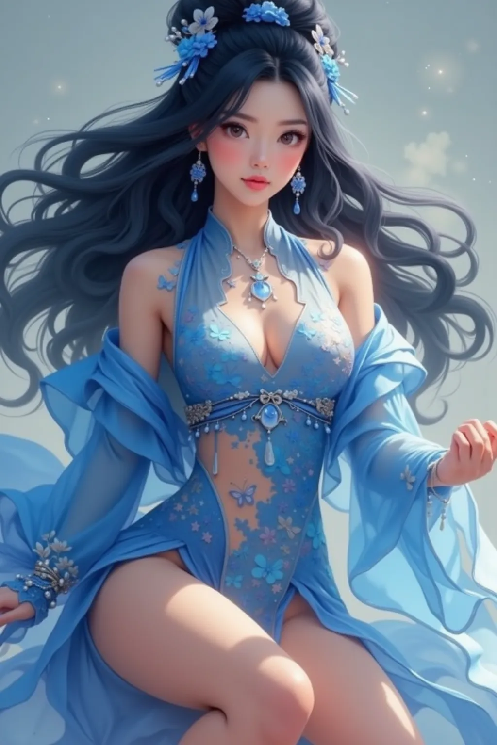 Top 4 Shot,Realistic details, HD ,1 Chinese Kung Fu Woman, Exquisite Face ,Blue Liu Hai Shuangzi Long Hair,Sexy breasts,Wearing Blue Butterfly Design Flagrobe,Nude Sexy Thighs,Elegant Body Movement,Professional portrait, natural light source, Soft Tone,Fin...