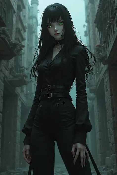  Anime character ! strict cold girl with black hair and green eyes, curvy in black clothes in a dark fantasy city