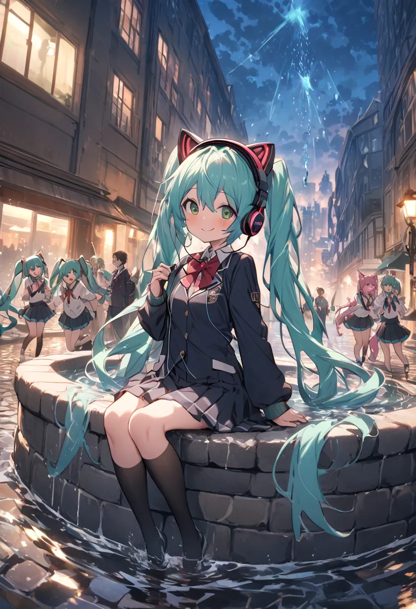 （（（masterpiece))),JK Costume、  school uniform、 One Beautiful Girl 、Hatsune's friend , long twin-tail hair 、路地の階段に sitting緑の髪 、 green eyes、１８age girl、  listening to music with headphones 、smile、 古めかしい building 、歴史的 building s、  water from the fountain  , wa...