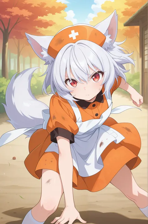 Absard dress that makes your head explode, High Resolution, masterpiece, best quality, great quality, Official Anime Artwork, screen cap, anime screen cap, outdoor, viewers, Serious, dynamic pose, 
   maple Inuwasu , 1 girl, Alone, Red Eyes, white hair, sh...