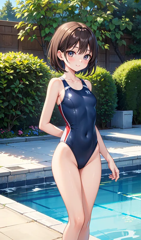  high quality illustration 、masterpiece、very delicate and beautiful、 attractive、（navy blue competitive swimsuit）、standing with legs open、pool side、thin、slender bodies、 slim、high school、beautiful eyes、（masterpiece、Top Quality：1.2）、High Resolution、Highly Det...