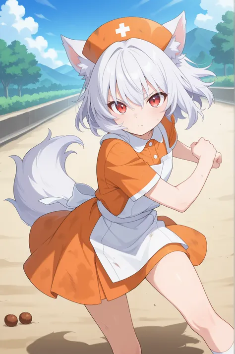 Absard dress that makes your head explode, High Resolution, masterpiece, best quality, great quality, Official Anime Artwork, screen cap, anime screen cap, outdoor, viewers, Serious, dynamic pose, 
   maple Inuwasu , 1 girl, Alone, Red Eyes, white hair, sh...