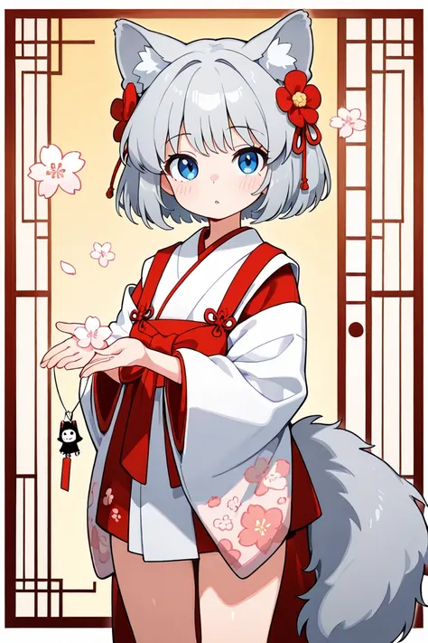 A young girl with cat ears and gently flowing gray hair, which is glossy and extends just above her shoulders. Her bangs are cut perfectly straight across, giving a neat and sharp appearance. She has a slightly innocent expression, with faintly bluish eyes...